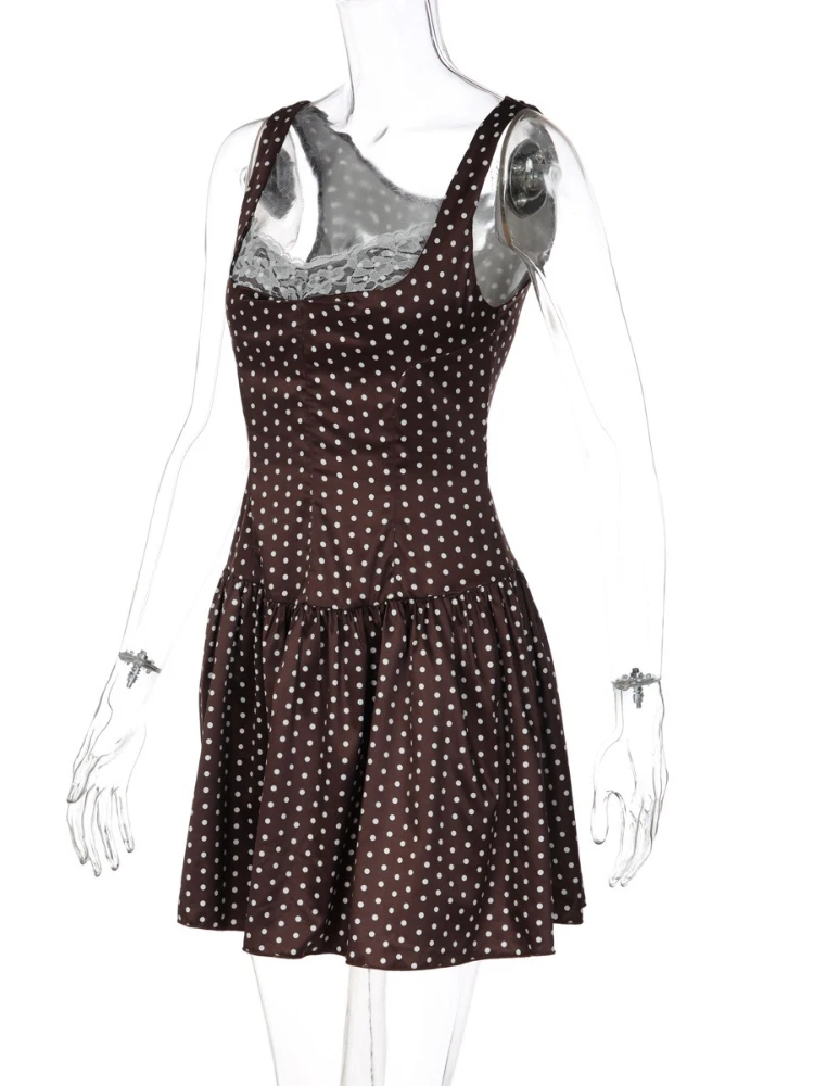 SsTss 2025 جديد براون البولكا نقطة طباعة الدانتيل تقسم فستان كامي المرأة الصيف مثير بلا أكمام سليم عالية الخصر فستان حفلة الشاطئ الصغيرة #5