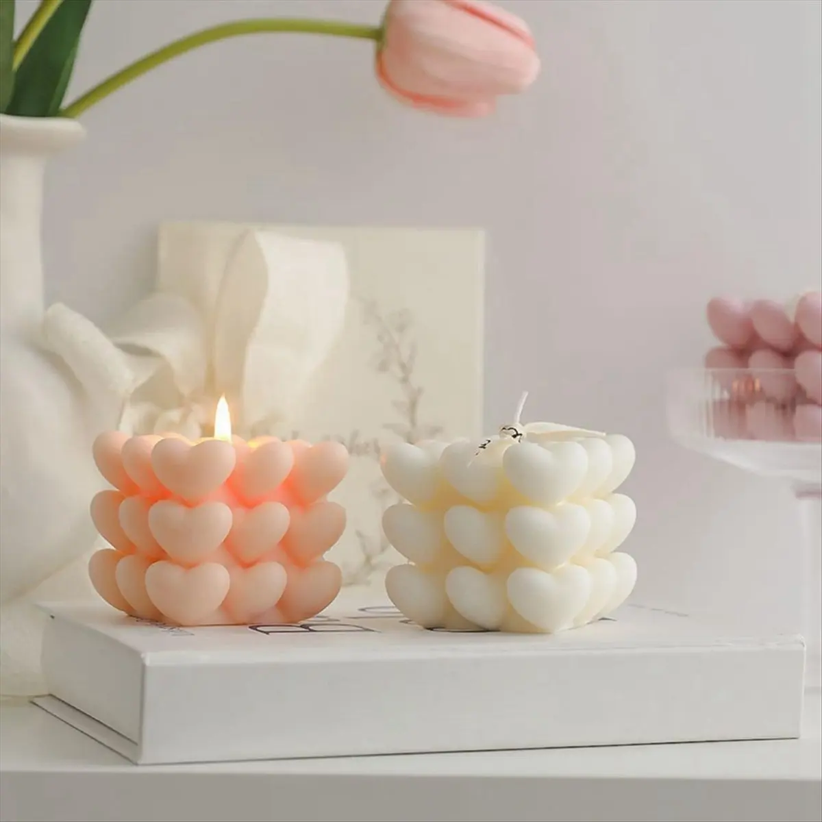FOR HOME 2 Cavity Heart Bubble Square Candle Mold Silicone Valentine Heart Candle Mold 3D Bubble Mold for Soap Resin Decor DIY