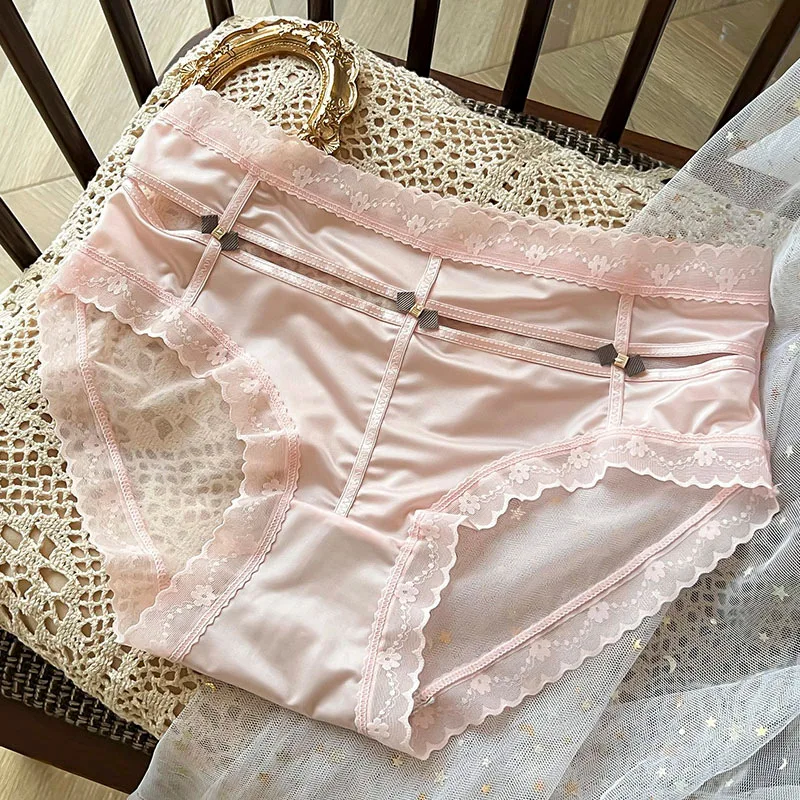 Women Sexy Satin Smooth Mesh Transparent Hollow Underwear Bow Elasticity Personality Middle Waist Seamless Breathable Panties