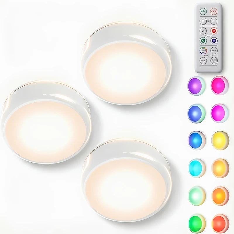 

Wireless LED Puck Lights,16 Color Changing Under Cabinet Battery Operated Lamp,Night Light Remote Dimmable Stick-On Closet Kit