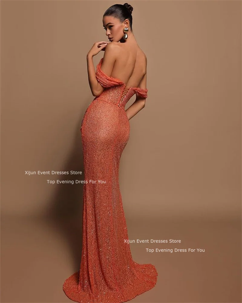 Xijun Orange Sexy Evening Dresses High Side Slit Prom Dresses Sleeves Off the Shoulder Formal Prom Gowns Glitter Sequines Gowns