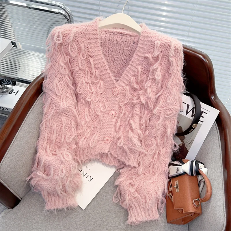 

Spring Heavy Industry Hand Hooked Cardigan V-neck Tassel Sweater Jacket for Early Autumn New Knitted Cardigan Short Top