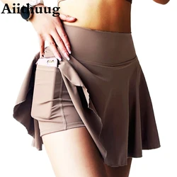 Aiithuug Fake Two Pieces Pleated Golf Skirt With Pocket Women's High Waist Soft Elastic Athletic Golf Tennis Gym Workout Skorts