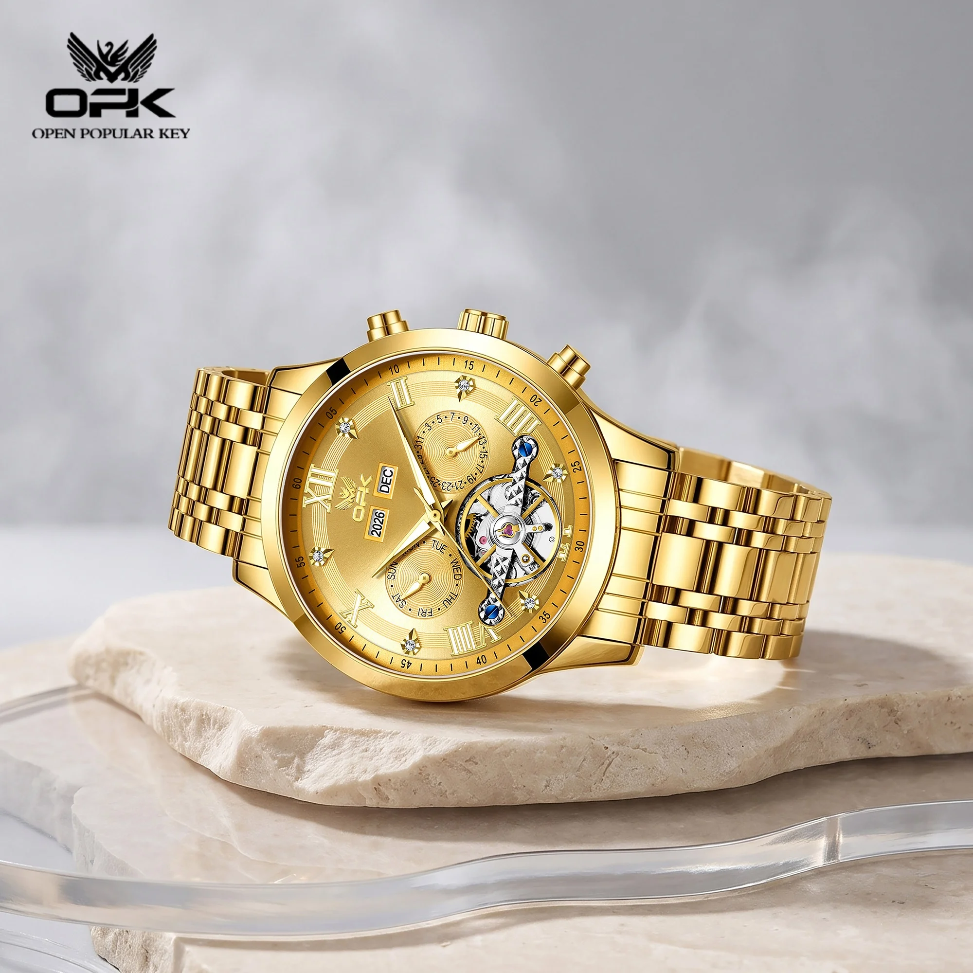 OPK 8198 Business Men Hollow Dial Fully Automatic Mechanical Watch Year Display Steel Strip HD Night Light 30M Waterproof Watch