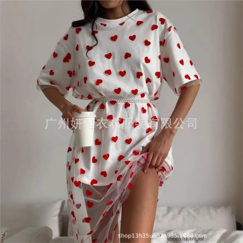 2025 Heart-shaped Print Dress Mesh Splicing Loose Short Sleeve T-shirt Cotton O-neck Fashion Chic New Summer Dresses for Women