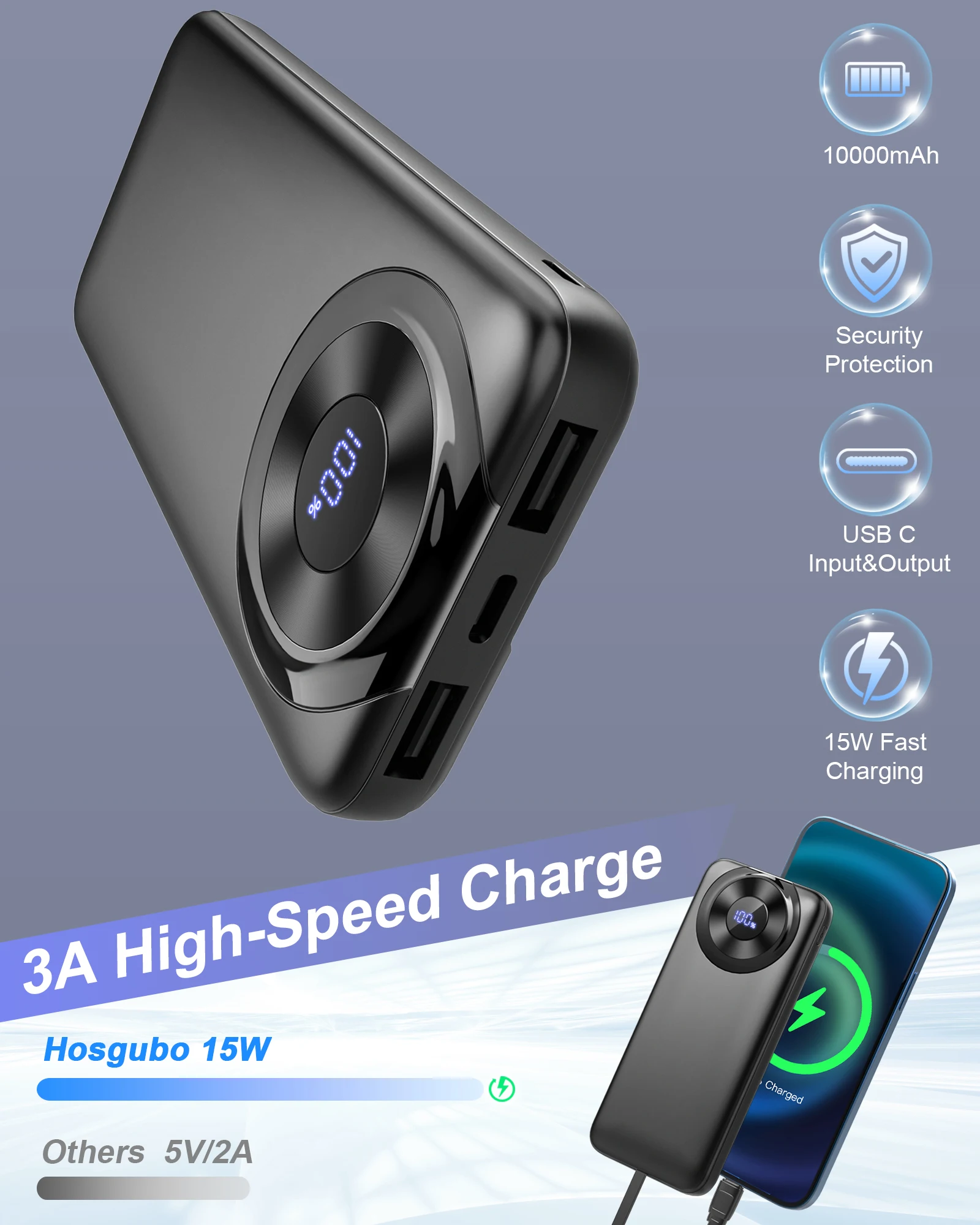 Portable Charger 10000mAh, Power Bank High-Speed Charging with Built in Cable 5V/3A Slim Battery Pack, USB-C in&Out Powerbank.