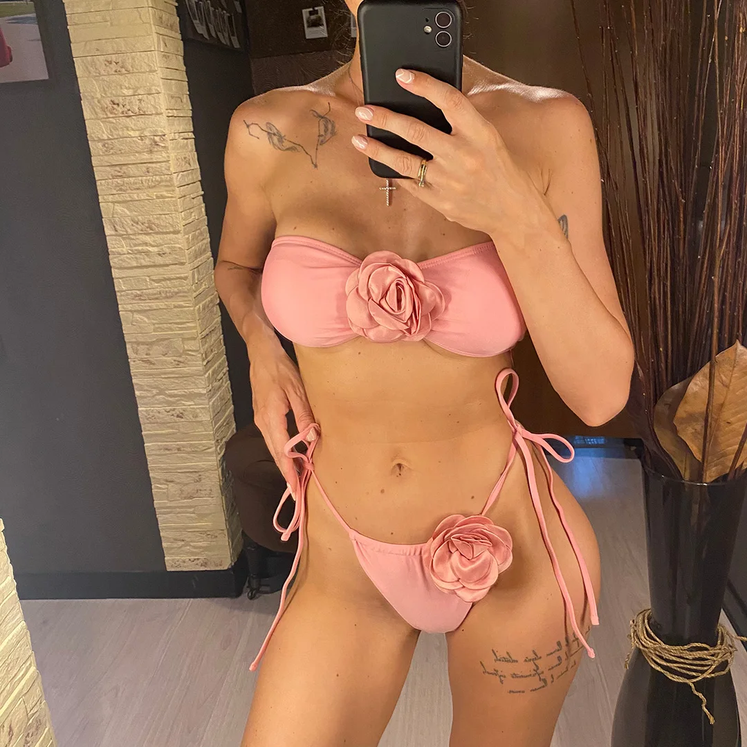 14 Farben, 3D-Blumen, Bandeau-Bikini mit hohem Beinausschnitt, Damen-Badeanzug, zweiteiliges Bikini-Set, Badebekleidung, Badeanzug, Modell V5265. – Detail 20