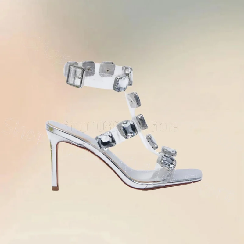 

Silver Crystal Decor PVC Open Toe Sandals Buckle Strap Women Shoes Thin High Heels Fashion Party Dating 2026 Zapatos Para Mujere