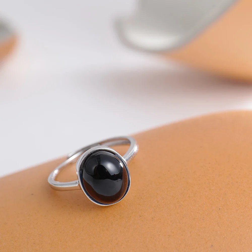 

Adjustable 925 Silver Ring Black Onyx Agate 10*8mm Natural Gemstone Energy Protection Birthstone Band Handmade Boho Jewelry Gift