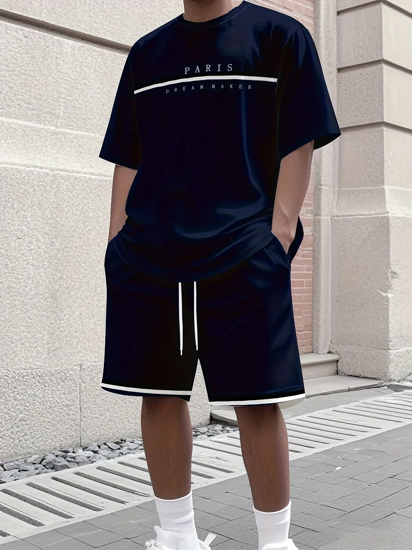 

Summer Solid-Color T-Shirt and Shorts Set Letter Print Short-Sleeve Top with Drawstring Shorts Streetwear Men Fashion Sportswear