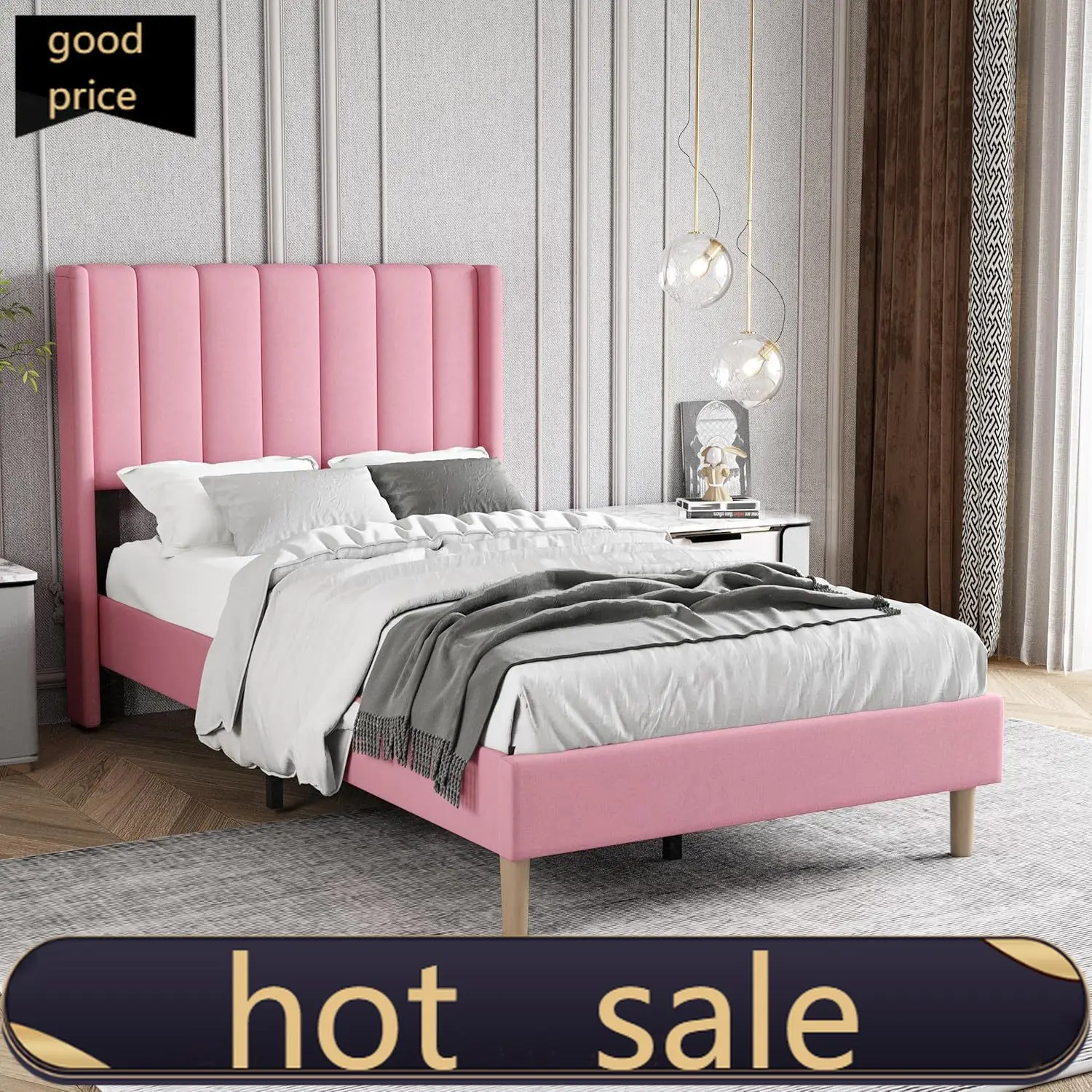 

Кровать-платформа Zoophyter с мягкой обивкой, размер Twin, с изголовьем, основание для матраса/прочные деревянные ламели/без пружинного блока