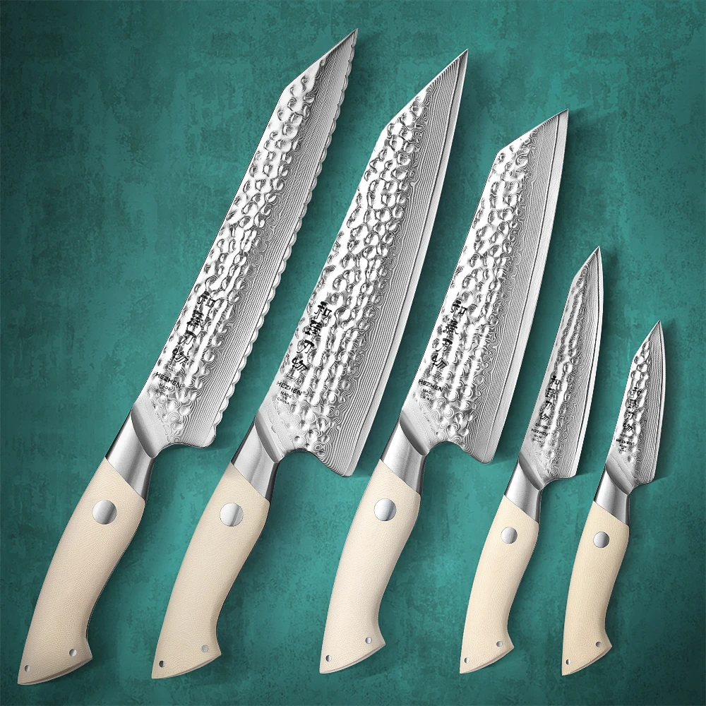 

HEZHEN 5PC Knife Set 67 Layers Damascus Steel Chef Cook Knife G10 Handle For Meat Sharp Kitchen Knife Gift Box