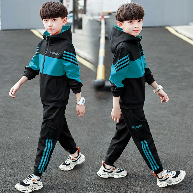 

2024 autumn Child Tracksuit Hooded Clothes Boys Sport Suit Teen Kids Cotton zipper Hoodies jacket + striped Pants 5 8 10 12 year