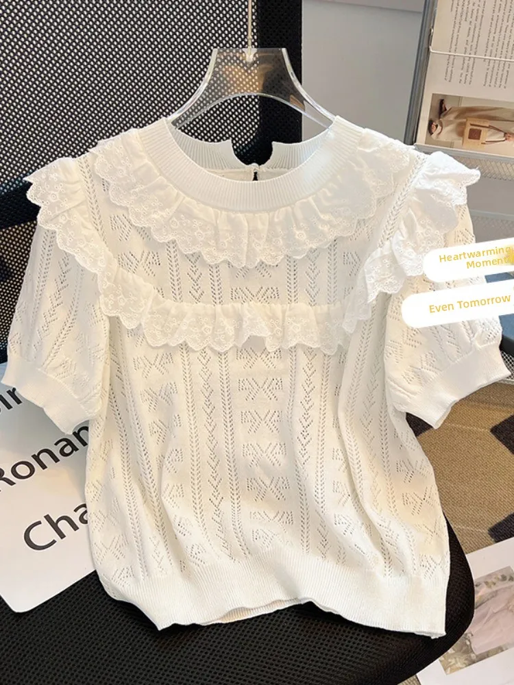 

Ретро-топ с кружевными вставками и вырезами, короткий рукав, вязаный, женский, летний, модный, с вырезанными бирками, с кружевными вставками или...