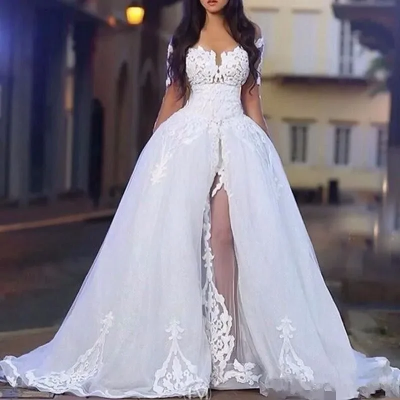 Robe de mariée princesse A-Line, robe de mariée de luxe, col en V, fente latérale, longueur au sol, mode romantique, robe de soirée de plage sexy, élégante