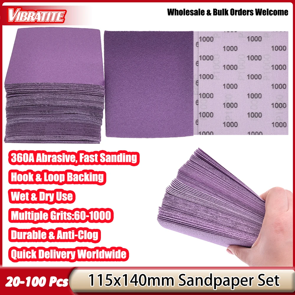 20-100Pcs 115x140mm Purple Waterproof Abrasive Sandpaper Sheets 60-1000 Grit Hook & Loop Wet Dry Sanding Paper for Wood Metal