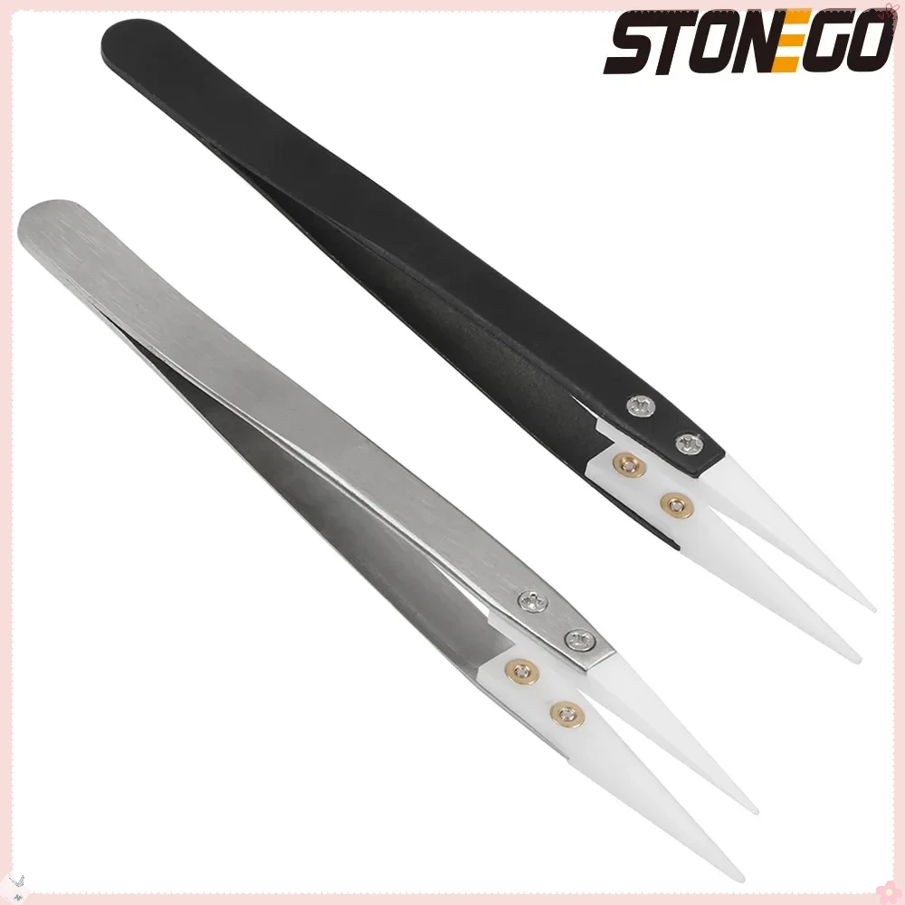 STONEGO Stainless Steel Ceramic Tip Tweezers Antimagnetic High Temp Resistant Non-Conductive Hand Tool