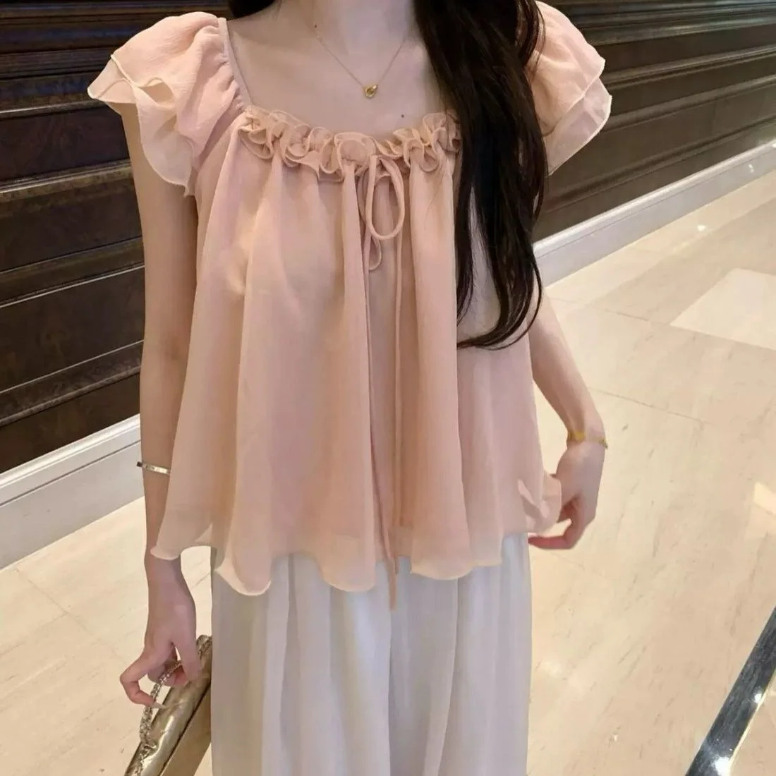 Blush Pink Ruffle Square Neck Chiffon Top Women Front Tie Flutter Cap Sleeveless Loose Babydoll Blouse