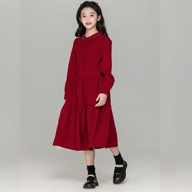 فستان توين خريف شتاء 2025 فساتين سروال قصير أحمر للفتيات الصغيرات ملابس أطفال للبنات مقاس 10-12 7-8 14-16 9 11 13 15 سنة