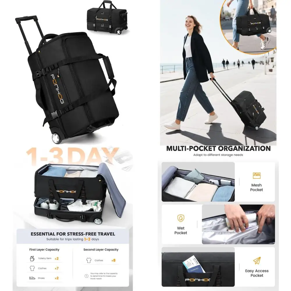 

Large Water Resistant Rolling Duffel Bag for Men with Wheels and Shoe Compartment - Ideal Travel Luggage