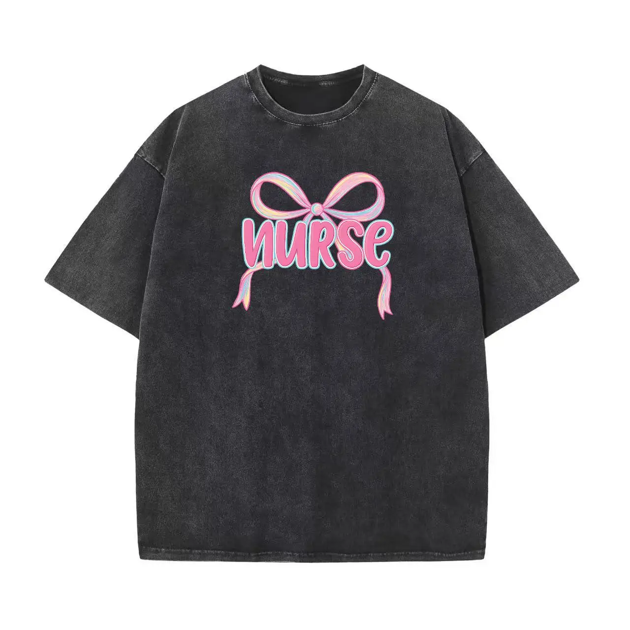 

Unisex Washed Nurse T-shirt Cute Pink Bow Graphic Tee Women Men Nursing Student Gift Top