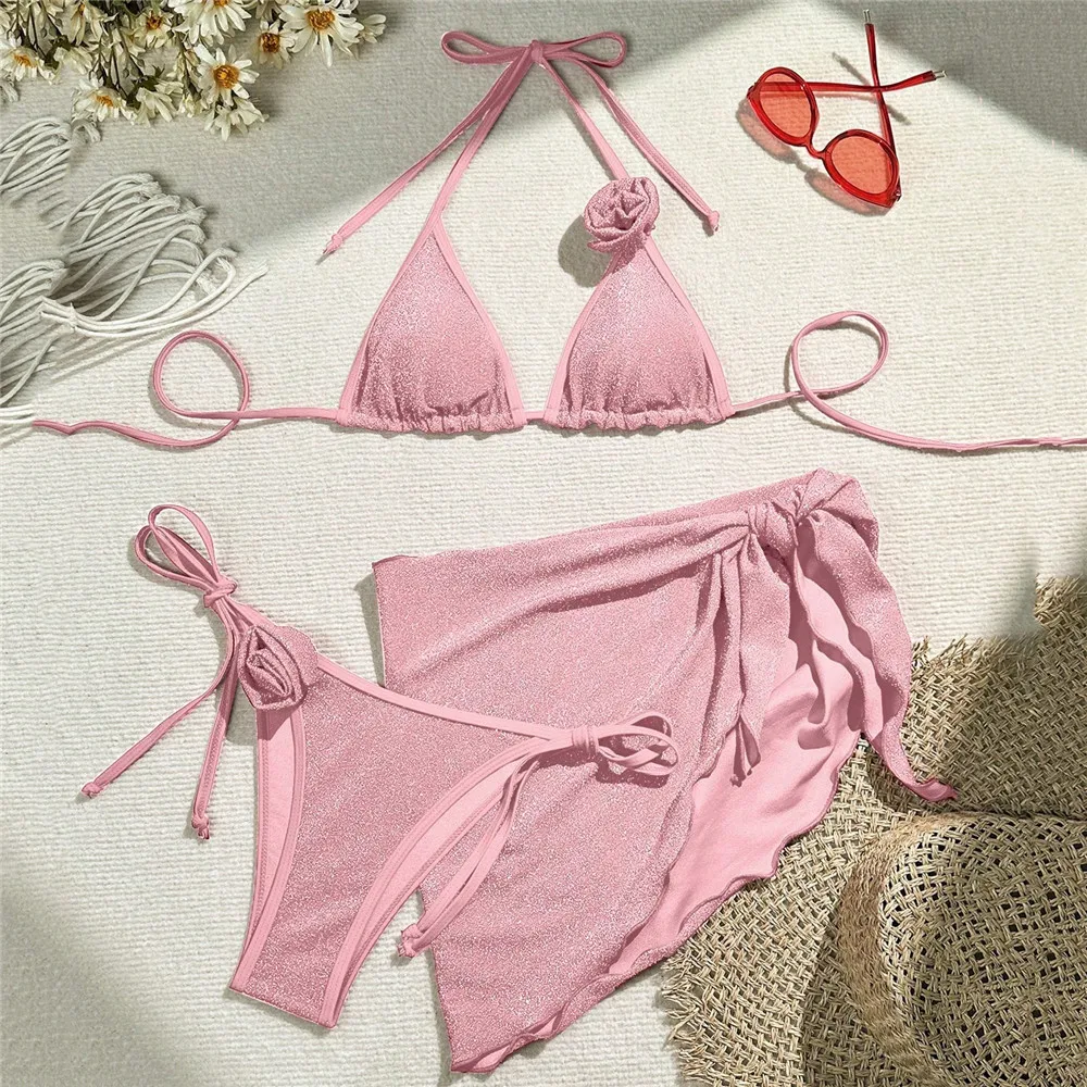 Brilhante vermelho 3d flor roupa de banho halter string triângulo 3 peça conjunto biquíni cobrir sexy maiô feminino 2025 micro tanga biquinis
