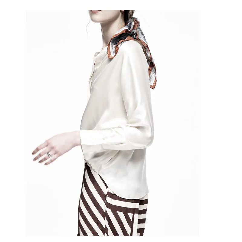 Fengbaoyu High-end Silk Women's Shirt Long-Sleeved V-Neck Elegant Silk Top Loose and Comfortable Fashionable Shirt