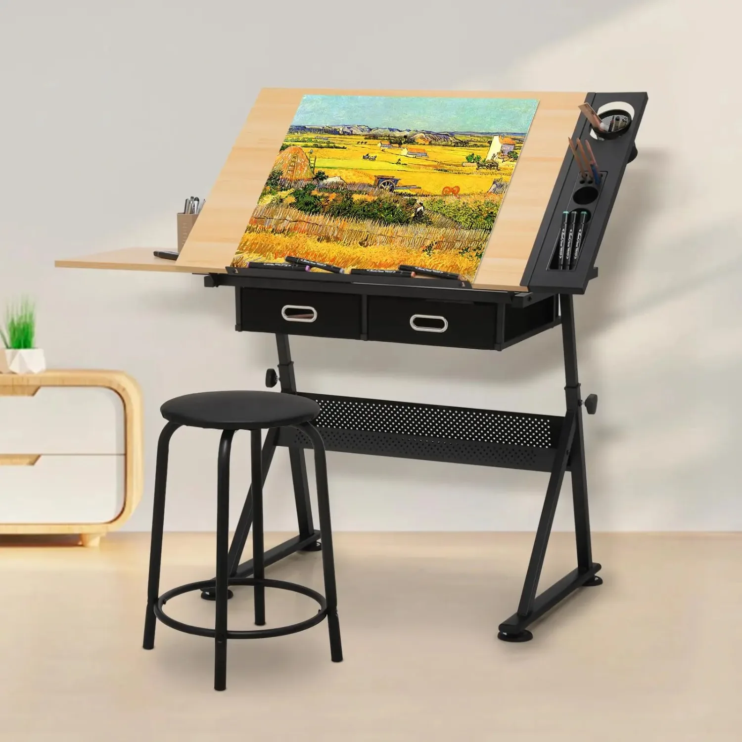 Drafting Table with Angle Adjustable Glass Top, Drawing Table with Storage Drawers,Casters, Art Desk Ideal for Drawing