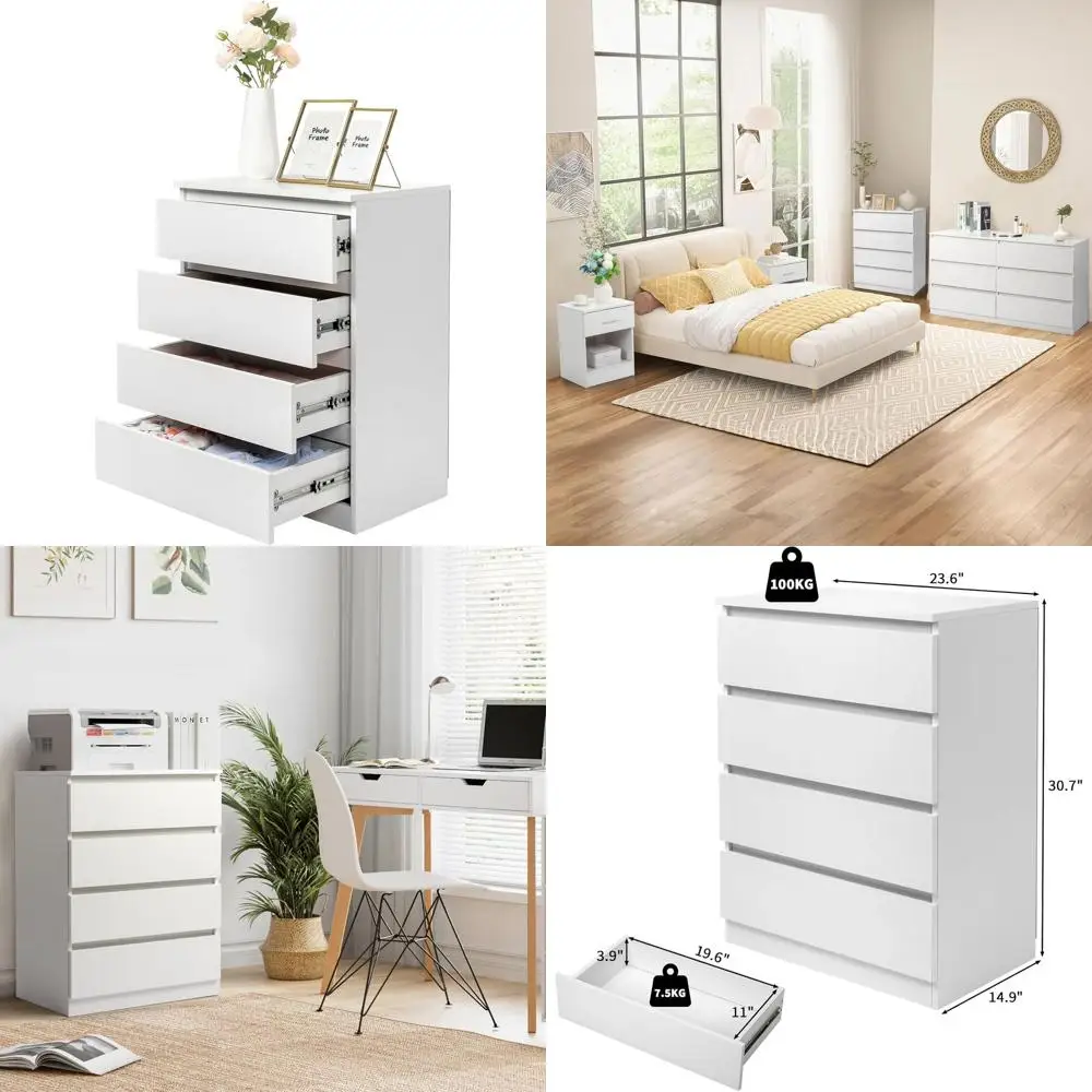 

White 4-Drawer Wood Chest for Bedroom, Living Room, or Home Office - No Handle, Anti-Tipping, Hallway Storage
