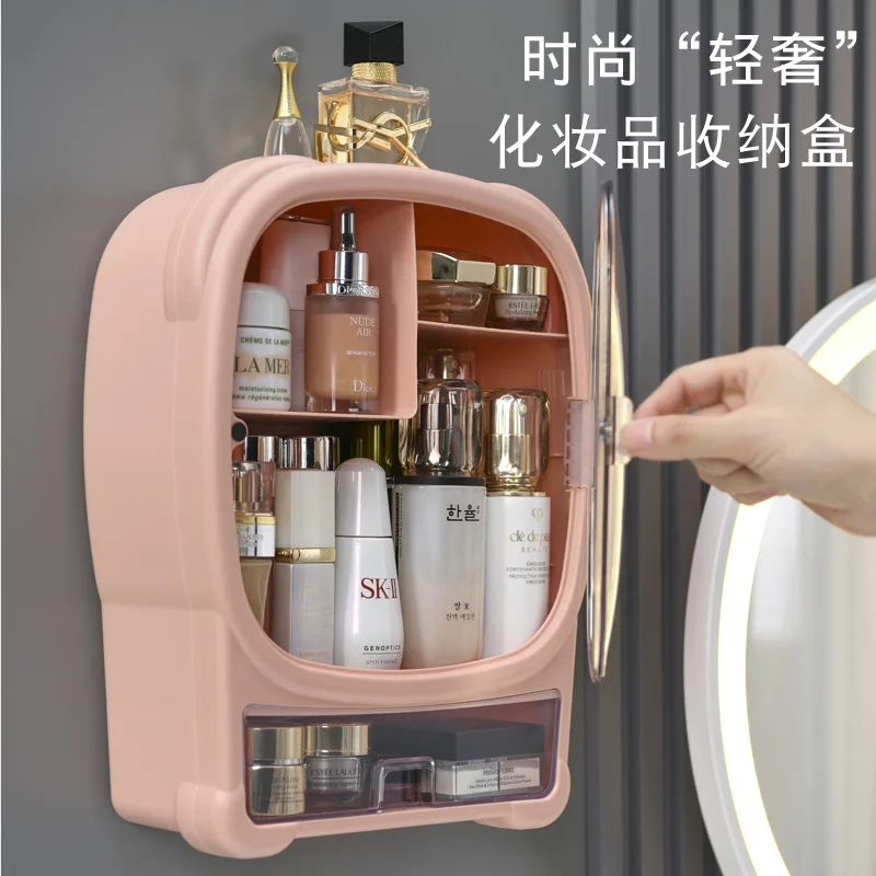 Large Capacity Cosmetics Storage Box, Wall-Mounted Skincare Shelves, Punch-Free, Dustproof, Lipstick Storage, Cosmetic Case