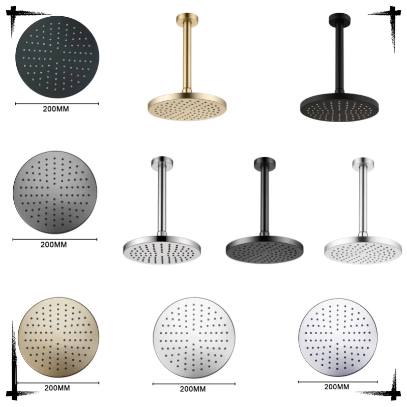 Suporte de Chuveiro de Teto para Banheiro com Braço e Cabeça de Chuveiro, Cinza, Dourado, Preto, Haste para Chuveiro de Teto, Cabeça de Chuveiro Redonda de 8 Polegadas