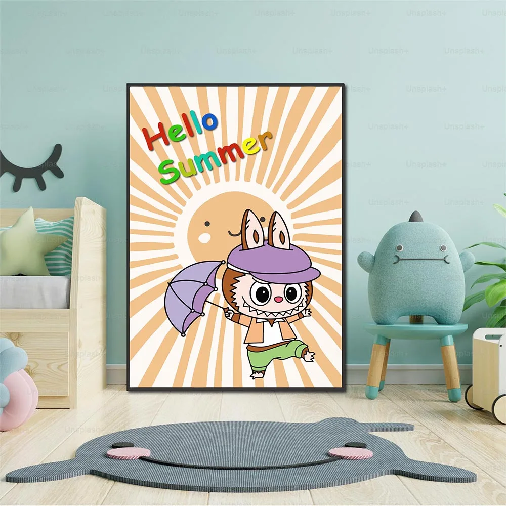 Cute Labu for Kids Cartoon Bunny Character Artwork Graffiti Oil Painting for Home Decor Modern Wall Art Labu Lover's Gift