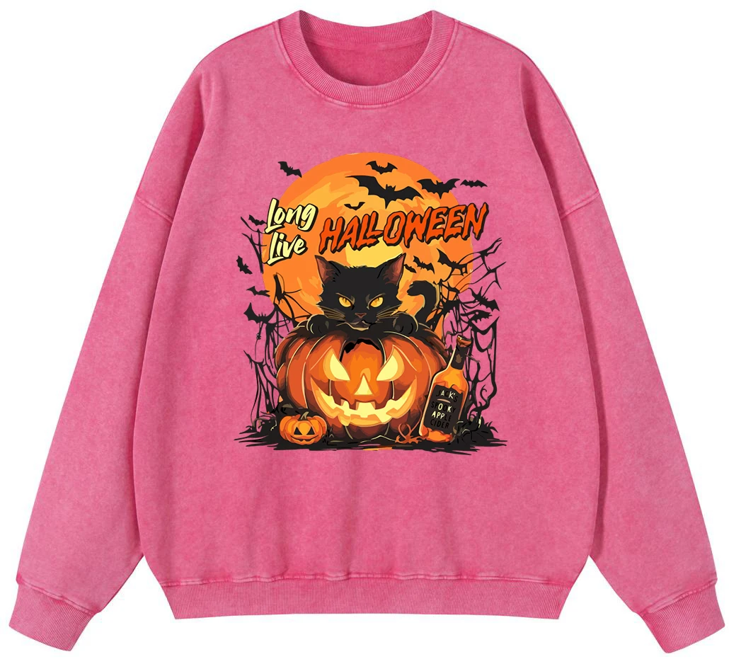 

Long Live Halloween Womans Vintage Washed Cotton Sweatshirt Simple Soft Pullover Street Warm Hoody Autumn Oversize Casual