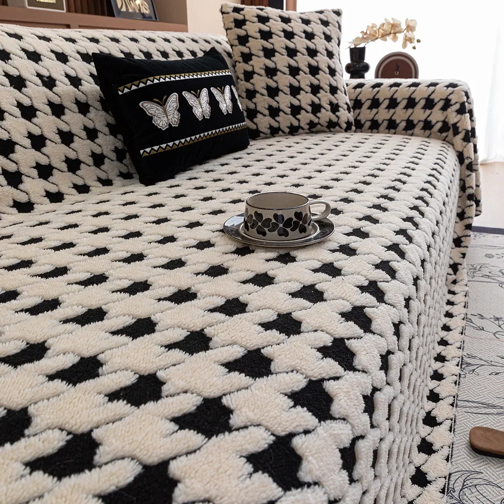 Houndstooth Soft Plush Throws Blankets for Sofa Bohemian Style Jacquard Sofa Cushion Cover Oversized Furniture Protector Blanket
