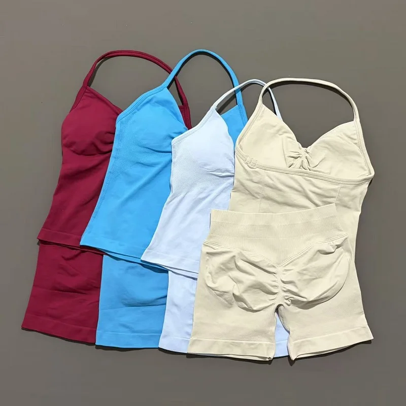 Yoga 2 Pieces Gym Set Women Backless Halter Tops High Waist Seamless Shorts Gym Suit Fitness Sports Bras Sportswear Workout Sets