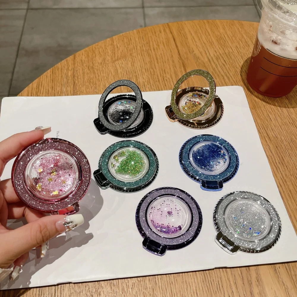 Fashion Liquid Glitter Bling Quicksand Plating Finger Ring Holder Mobile Phone Stand 360 Rotating For IPhone 16 Xiaomi Samsung