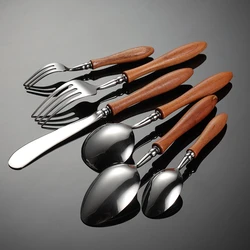 Toon Wood Stainless Steel Tableware Cutlery Dining Set Natural Kitchen Utensils Sliver Fork Tea Spoon Kinfe of Dishes for Dinner