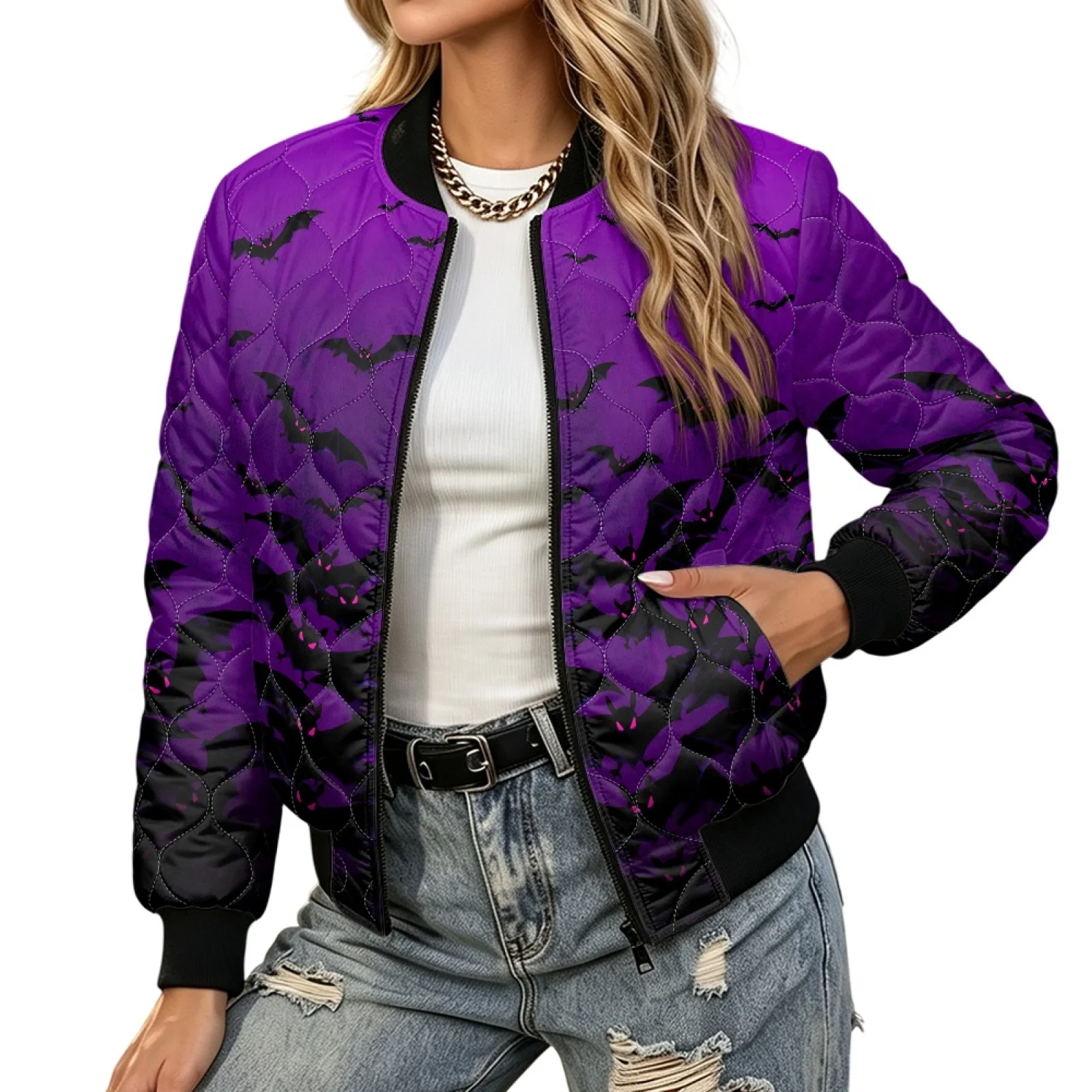 PENSTROLL Purple Bat Print Women Long Sleeve Zip Closure Padded Bomber Outerwear Versatile plus Size Fall Jackets for Vacation