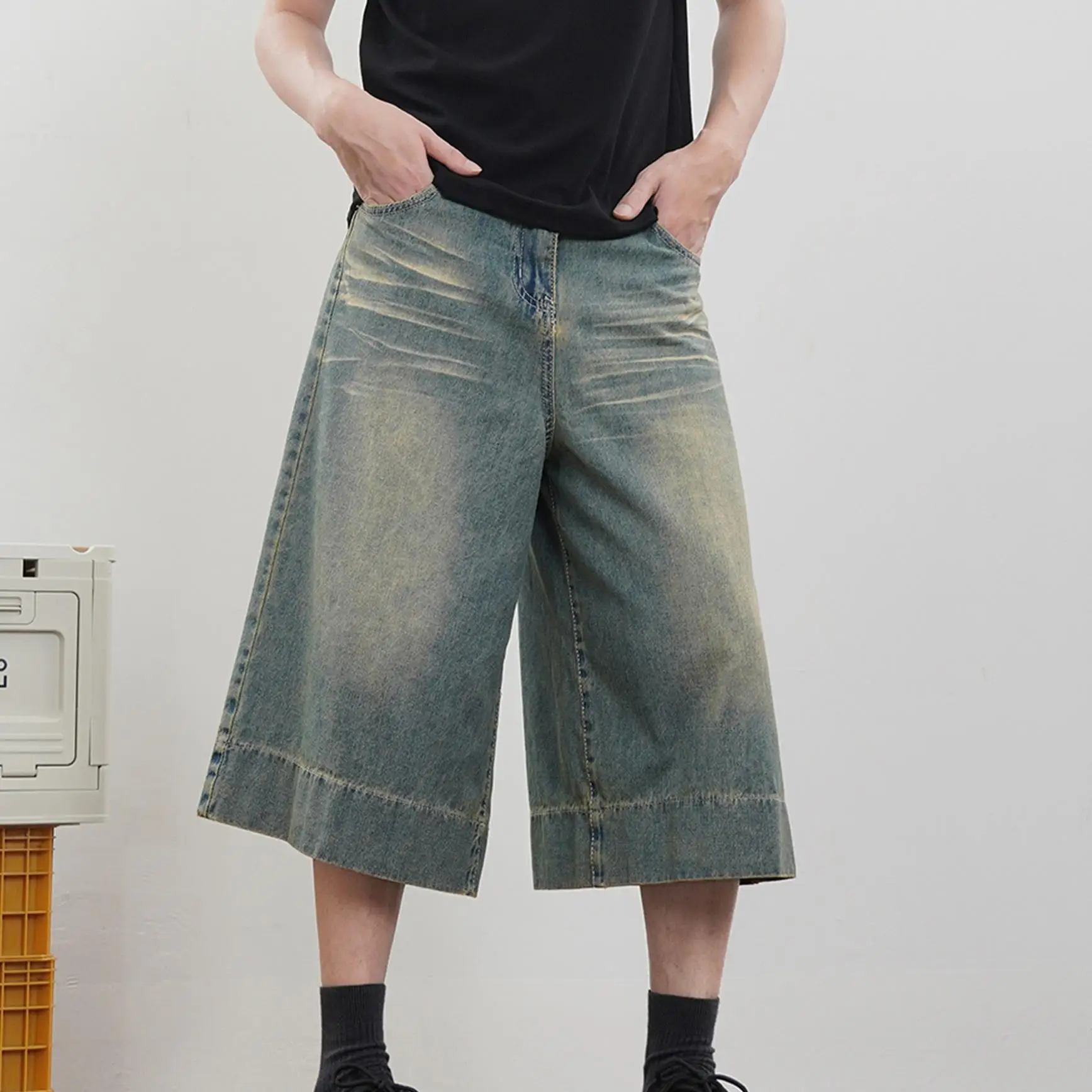 

Retro American Wide Leg Seven-Five Jeans orts Men's Summer Trendy Waed Straight Loose Match All Mid-Pants Casual orts