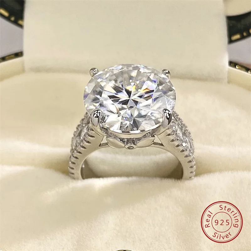 S925 Rhodium Plated Silver 10CT D Color Oversized Moissanite Double Row Four Prong Ring for Women, Proposal Engagement Jewelry