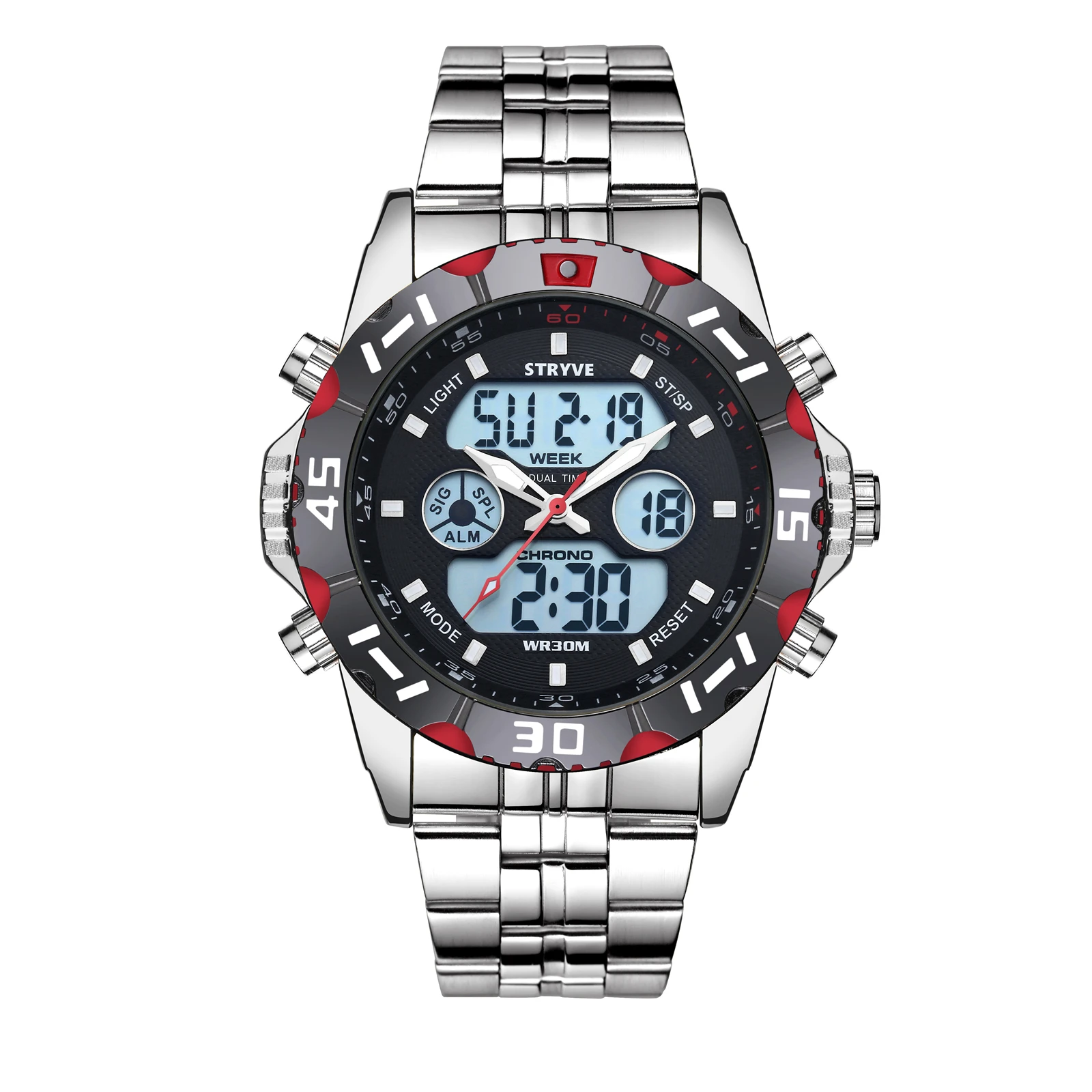 Stryve8011 Relojes Brand Waterproof Business Sport Watches Men Stainless Steel Digital pointer Dual Display fashion quartz watch