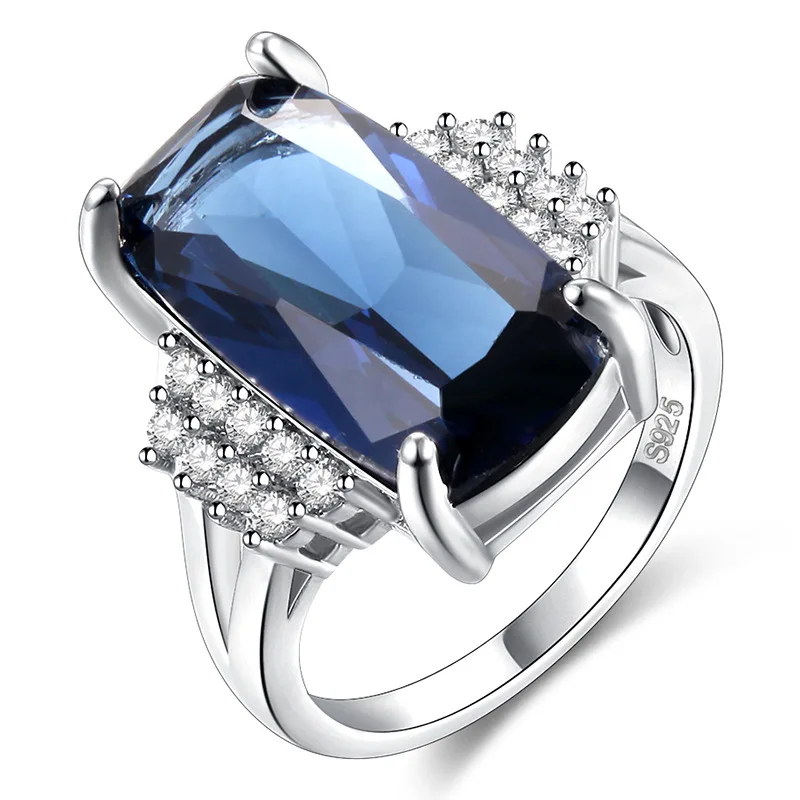 Exquisite Silver Color Dark Blue Geometric Rectangle Crystal Zircon Rhinestone Female Ring for Women Party Jewelry