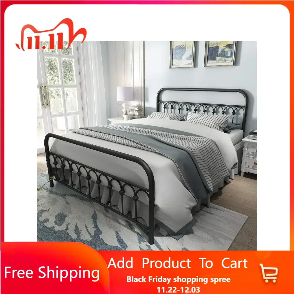 Vintage Sturdy Metal Bed Frame Basic with Headboard and Footboard,No Box Spring Needed,Under Bed Storage