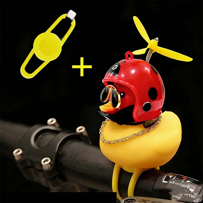 Niedliche Gummi-Ente Fahrradlenker-Dekoration mit Propellern, Brille, Goldkette, Schwarz-Gelbe Ente Fahrradhorn mit Riemen – Detail 9