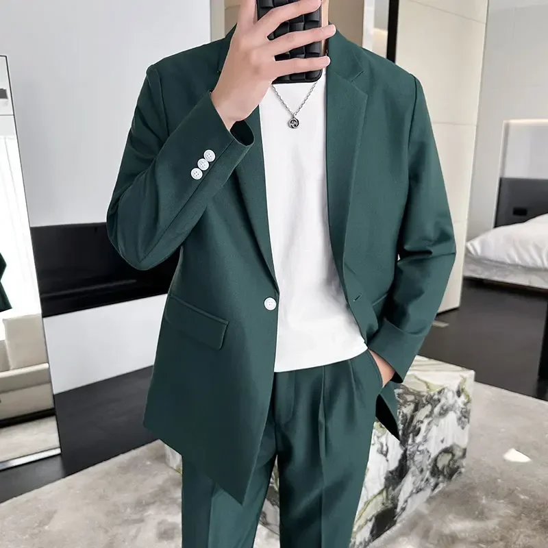 (Blazer+Pants) High Quality Korean Style  Fashion Casual Men Suit Loose Straight Solid Color 2 Pieces Set Wedding Dress Party