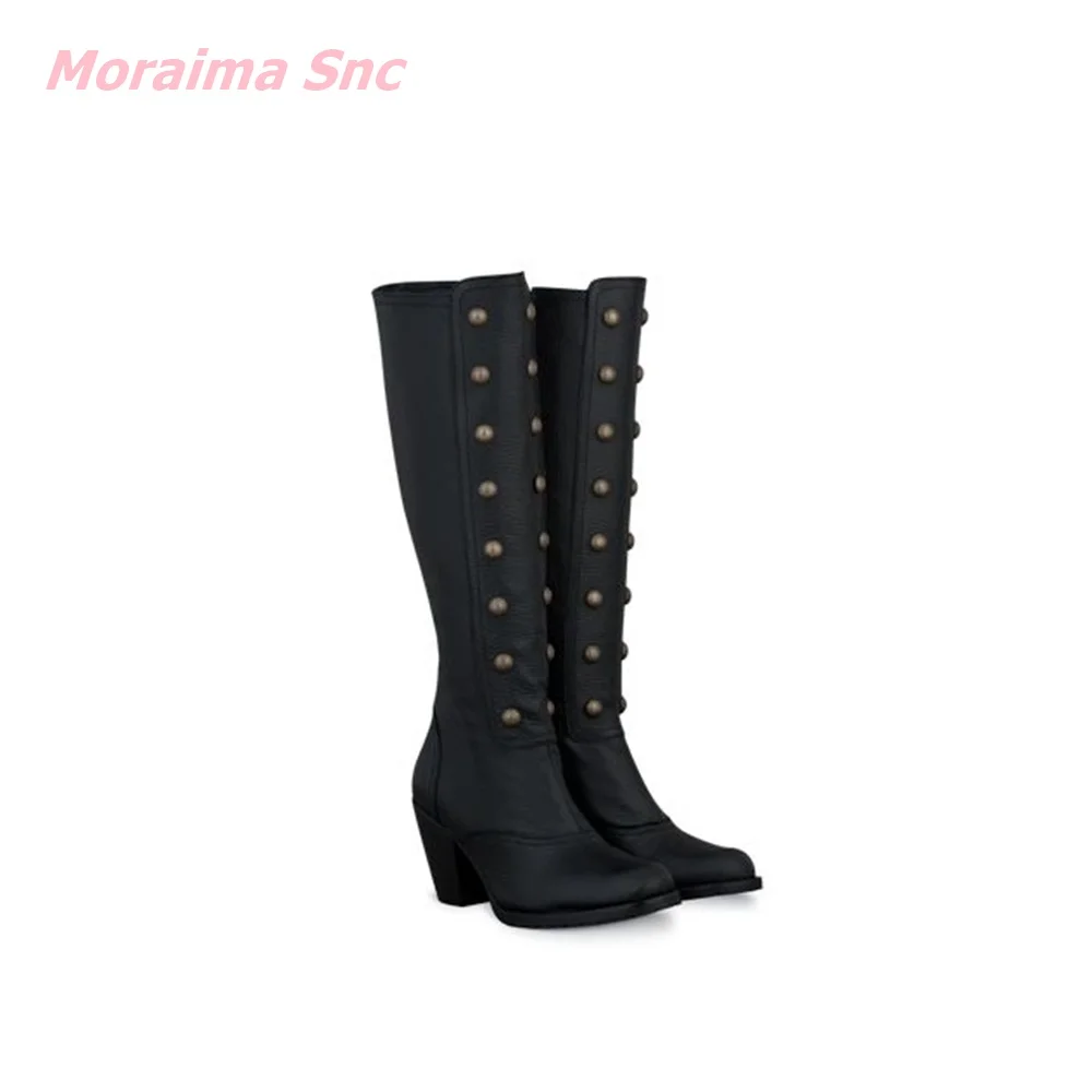 2022 Hottest Slip-On Knee-High Women Boots Rivet Double Breasted Soild Genuine Leather Spike Heels Platform Fashion And Cool