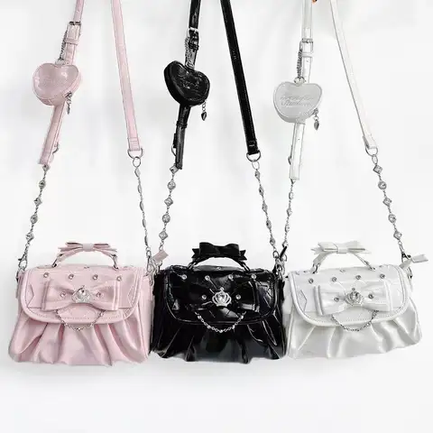 Cute Bow Handle Underarm Bag Rhinestone Pleated Design Handbag Portable Sweet Lolita Ita Purse for Women Ladies Girls
