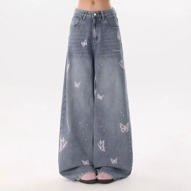 New Women's Butterfly Embroidered Jeans Autumn Winter Spice Girls Denim Straight Pants Female Wide Leg Pants Denim Trousers 4XL