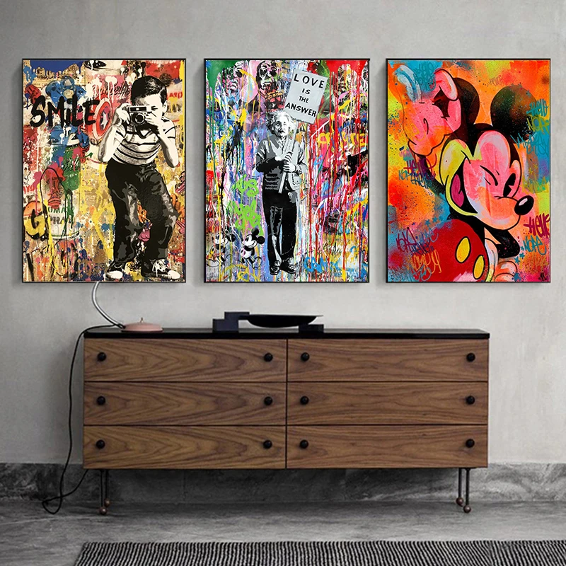 Canvas Painting Street Graffiti Art Disney Mickey Mouse Poster HD Canvas Printing Wall Art for Home Living Room Decor Kids Gifts