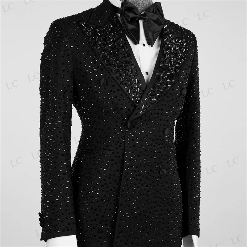 Crystals Luxury Men Suits 2 Pieces Blazer One Button Beaded Diamonds Prom Tuxedo Slim Wedding Groom Plus Size Costume Homme